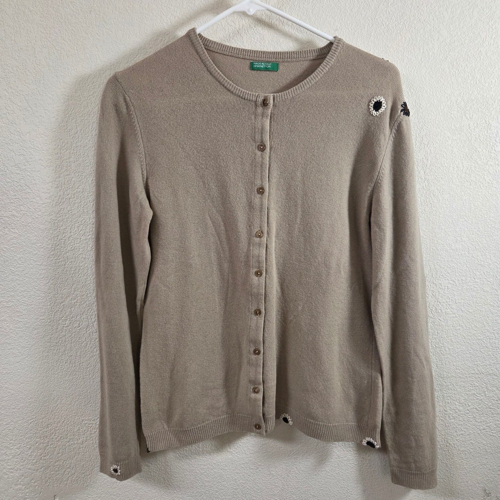 United Colors of Benetton Tan Embroidered Floral Cardigan Made in Italy Small